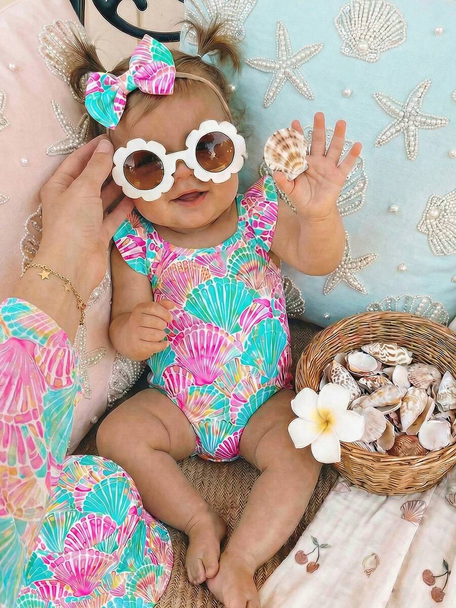Vintage Shell Print One Piece Swimsuit For Baby Girls Summer Beach Vacation Wear