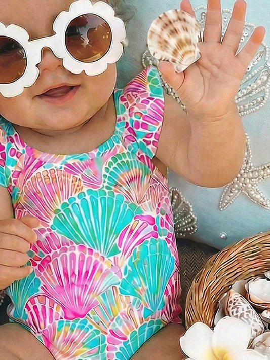Vintage Shell Print One Piece Swimsuit For Baby Girls Summer Beach Vacation Wear