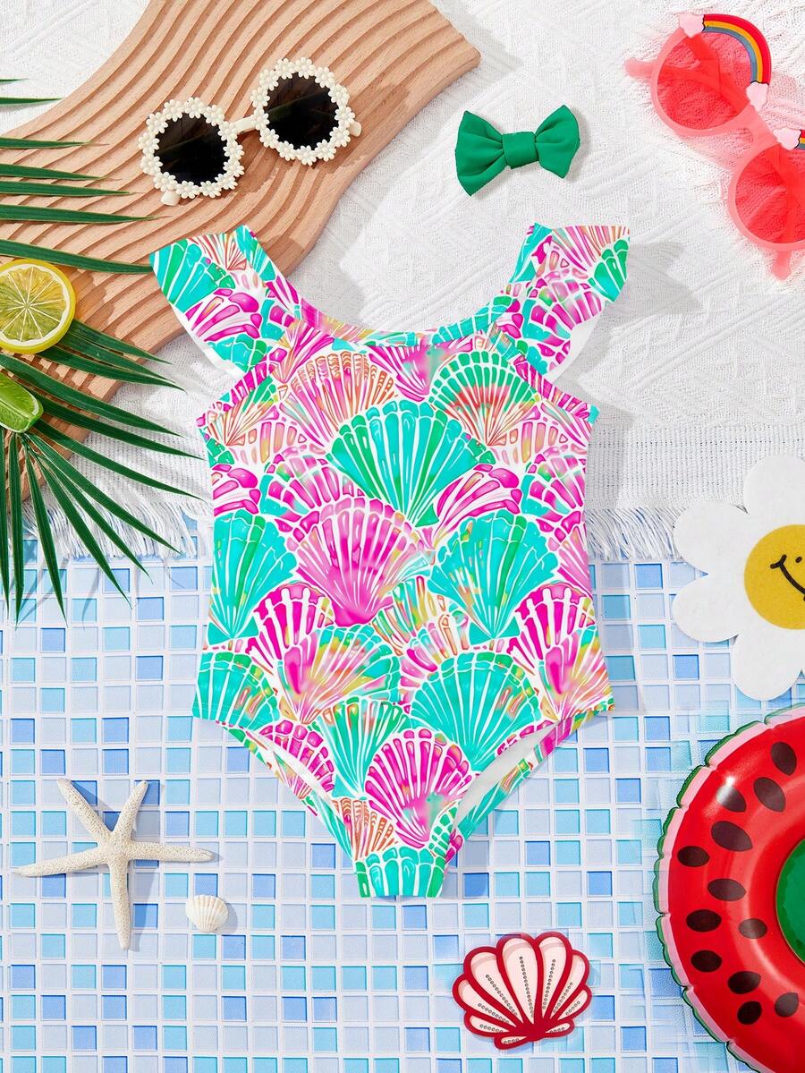 Vintage Shell Print One Piece Swimsuit For Baby Girls Summer Beach Vacation Wear