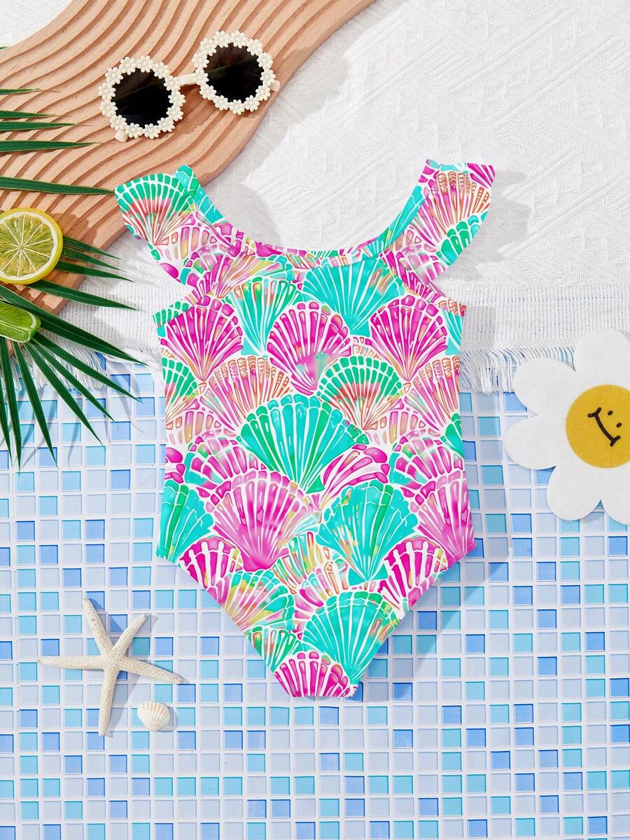 Vintage Shell Print One Piece Swimsuit For Baby Girls Summer Beach Vacation Wear