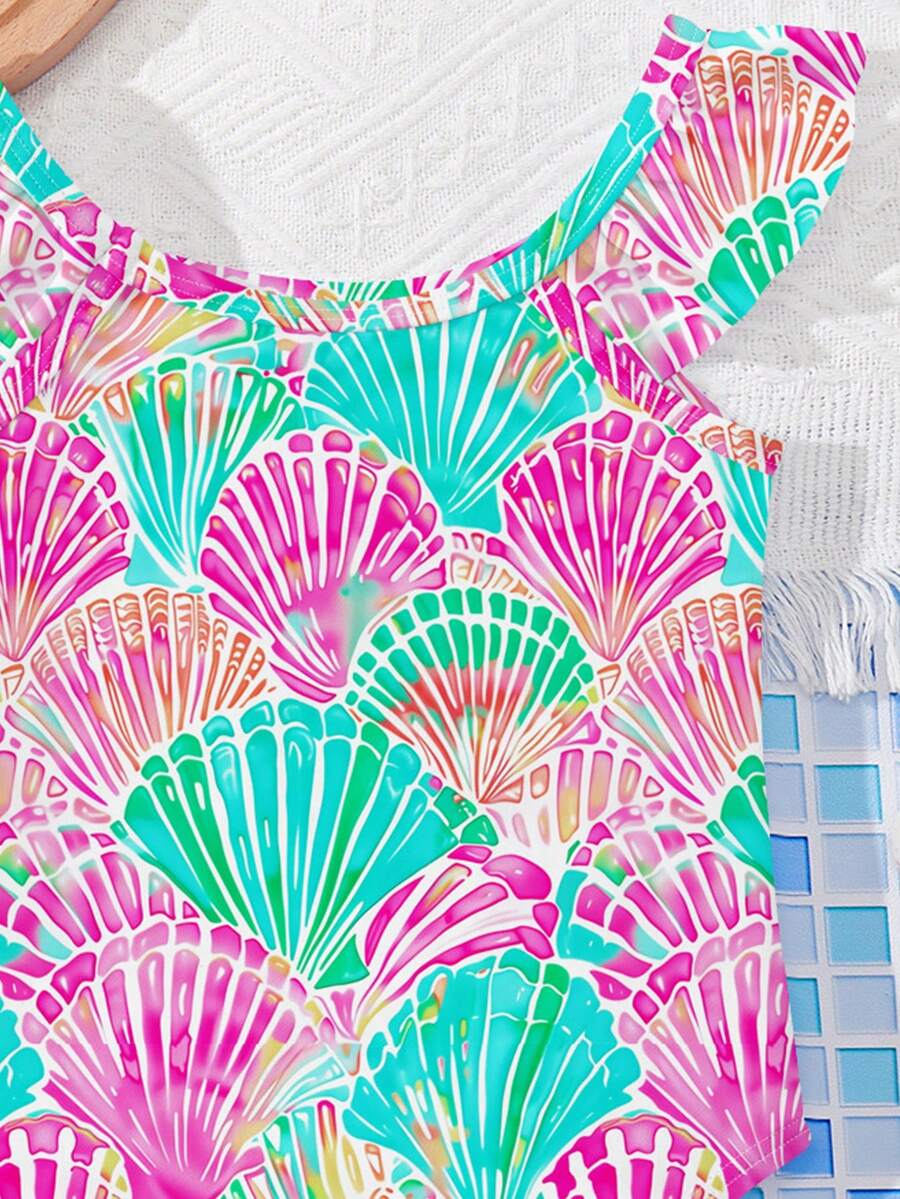 Vintage Shell Print One Piece Swimsuit For Baby Girls Summer Beach Vacation Wear