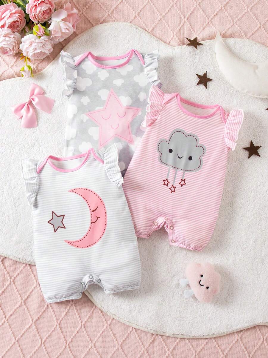 Newborn Soft Knit Summer Romper Set - 3pcs Cute Cartoon Graphic Outfits