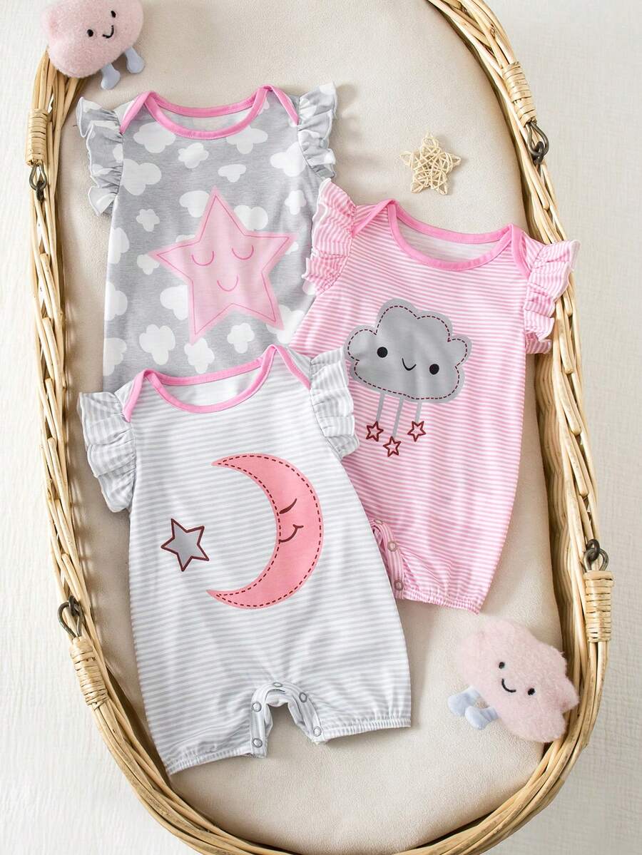Newborn Soft Knit Summer Romper Set - 3pcs Cute Cartoon Graphic Outfits