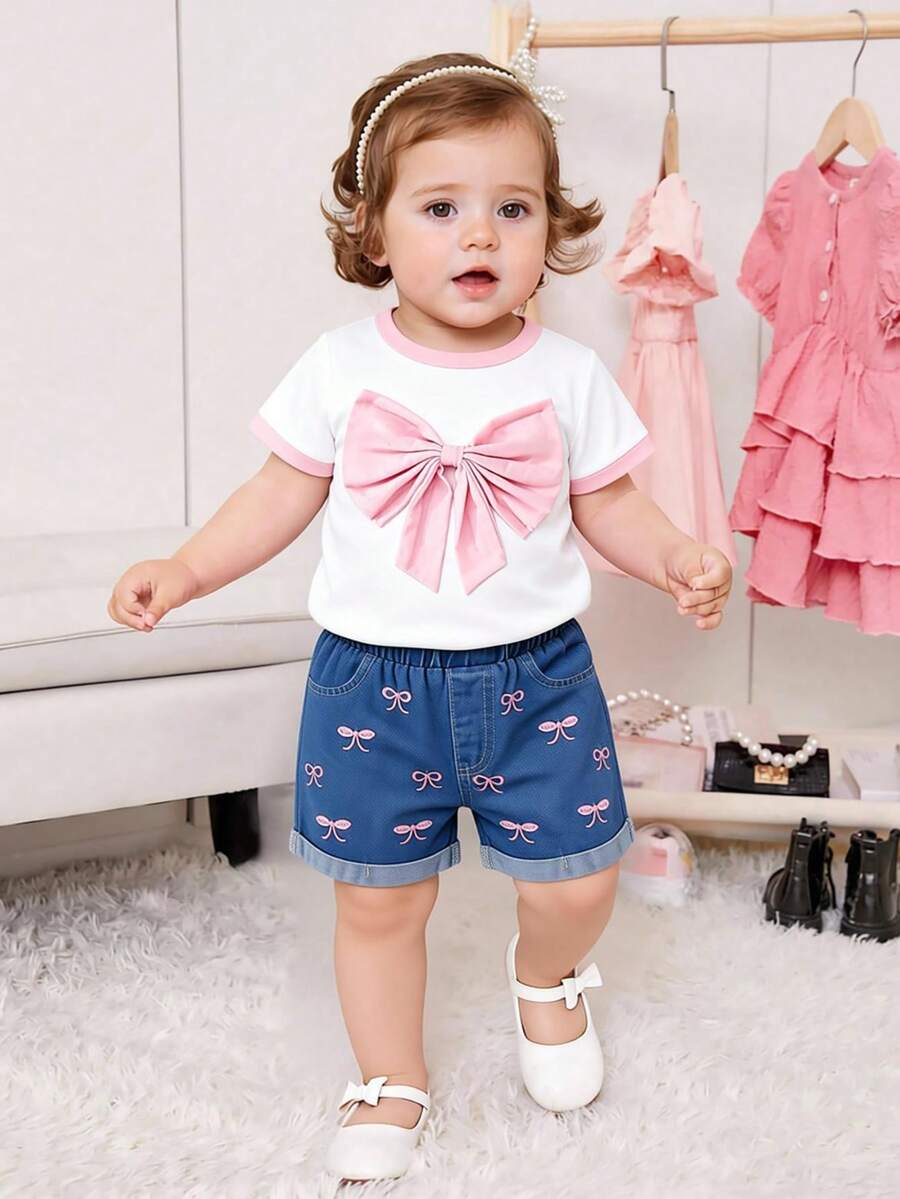 Cherry Print T-Shirt and Embroidery Pattern Contrast Shorts Set for Baby Girls