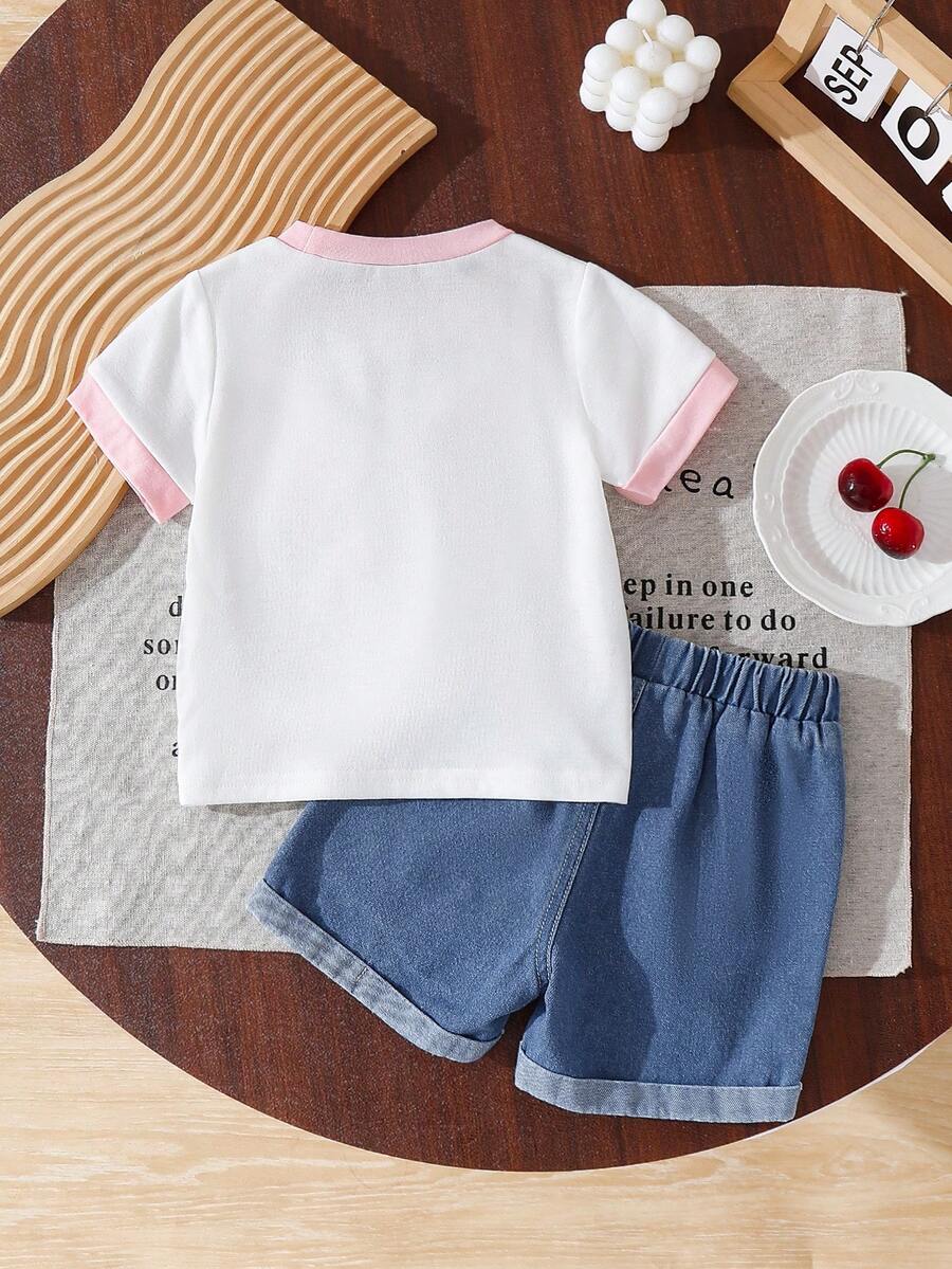Cherry Print T-Shirt and Embroidery Pattern Contrast Shorts Set for Baby Girls