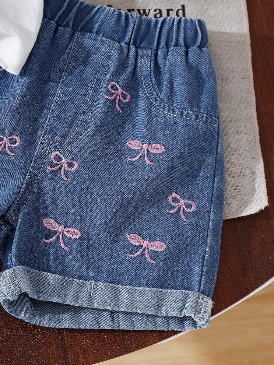 Cherry Print T-Shirt and Embroidery Pattern Contrast Shorts Set for Baby Girls