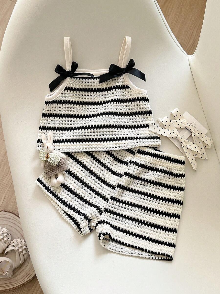 Striped Knit Camisole And Shorts Set For Baby Girls Summer Vacation Wear