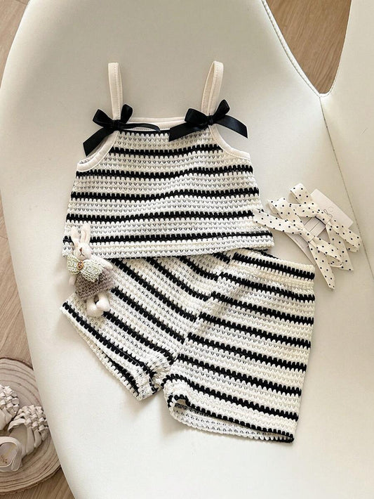 Striped Knit Camisole And Shorts Set For Baby Girls Summer Vacation Wear