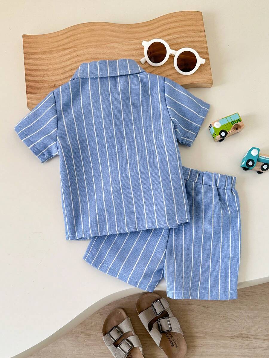 2pcs/Set Baby Boy Casual Striped Polo Collar Top & Shorts Summer Clothes