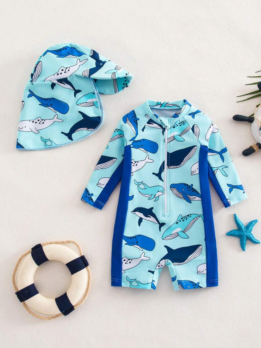 Baby Striped Dolphin Print One-Piece Swimsuit for Beach Vacation and Pool Days