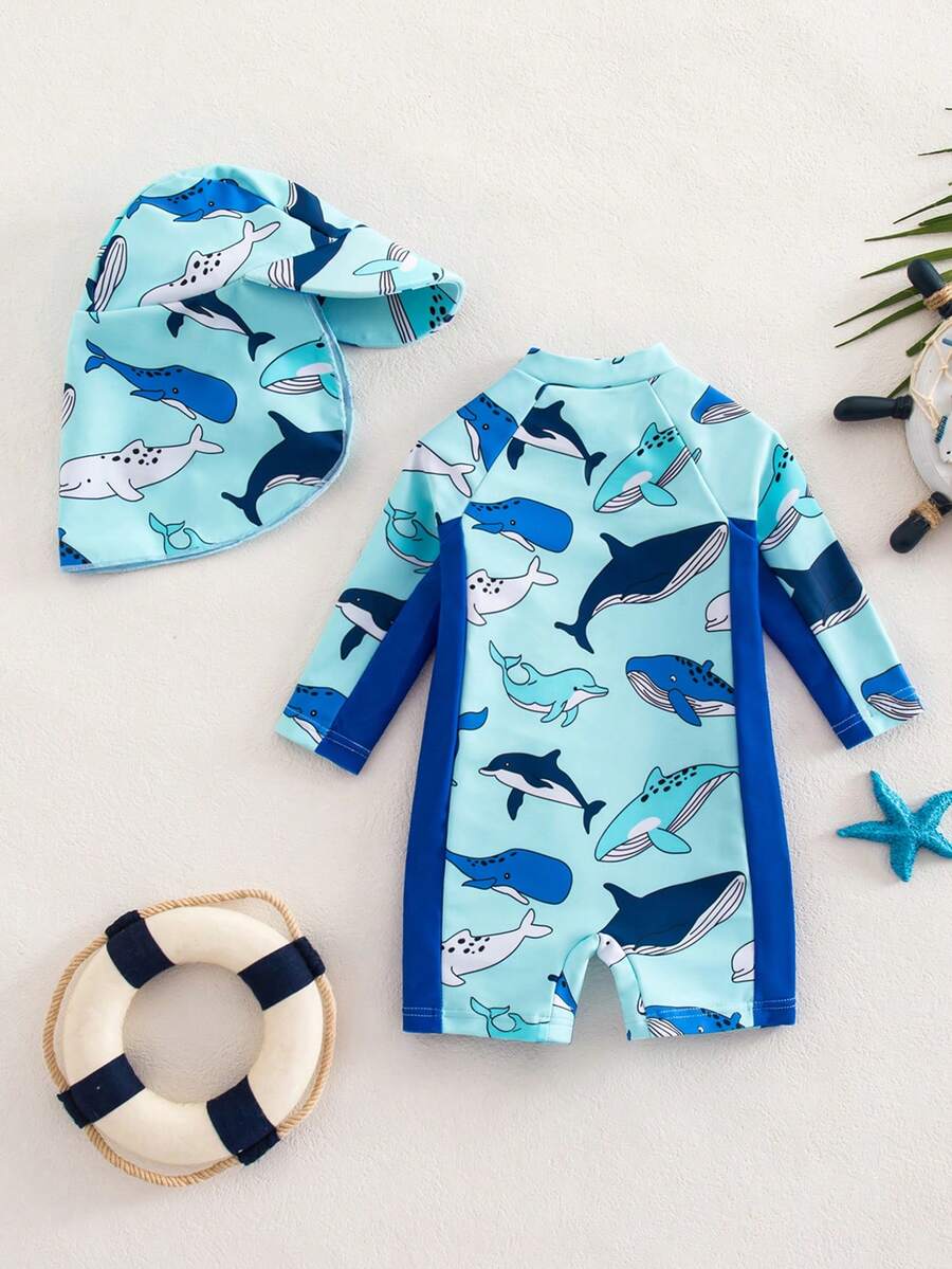 Baby Striped Dolphin Print One-Piece Swimsuit for Beach Vacation and Pool Days