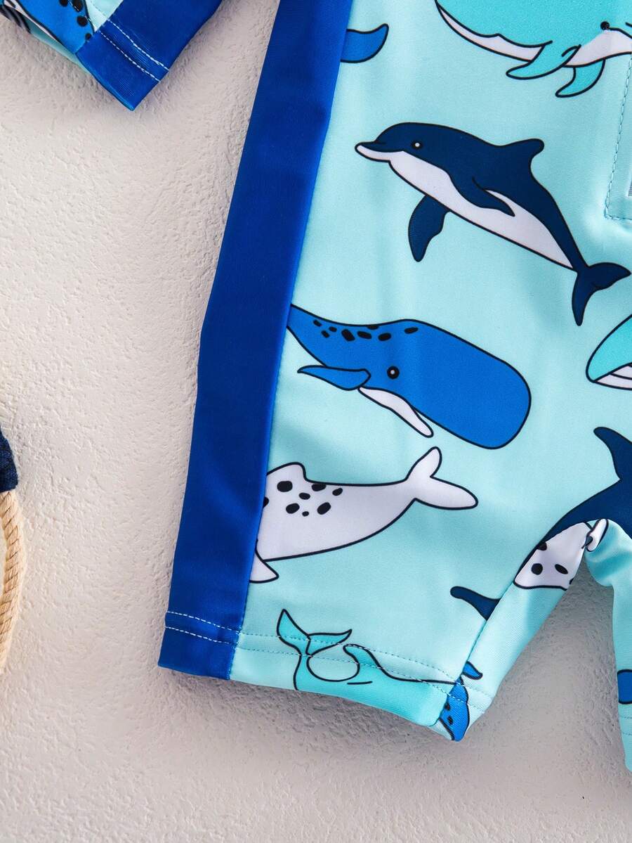 Baby Striped Dolphin Print One-Piece Swimsuit for Beach Vacation and Pool Days