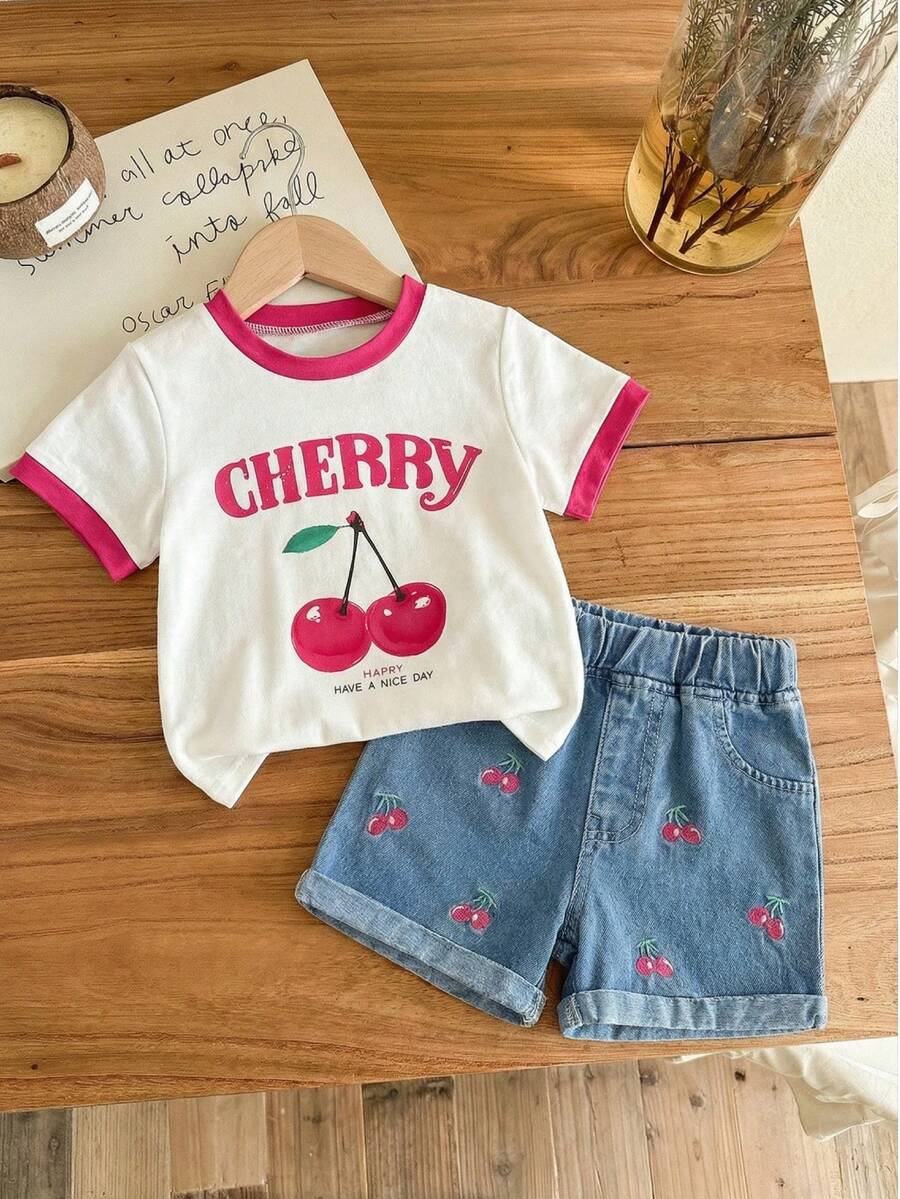 Cherry Print T-Shirt and Embroidery Pattern Contrast Shorts Set for Baby Girls