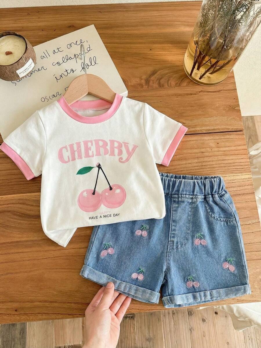 Cherry Print T-Shirt and Embroidery Pattern Contrast Shorts Set for Baby Girls