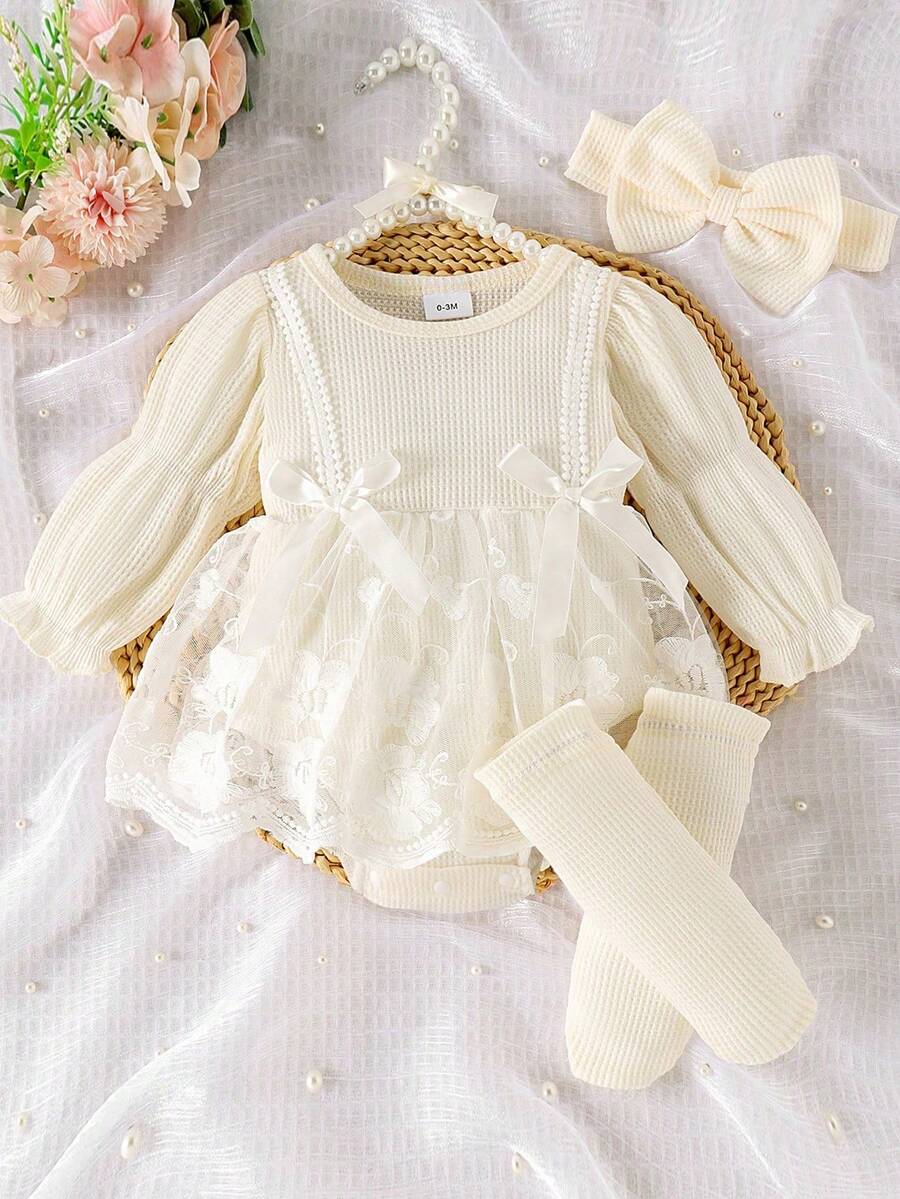 3PCS Baby Elegant Mesh Contrast Bodysuit Set with Headband and Socks for Autumn and Winter Wear