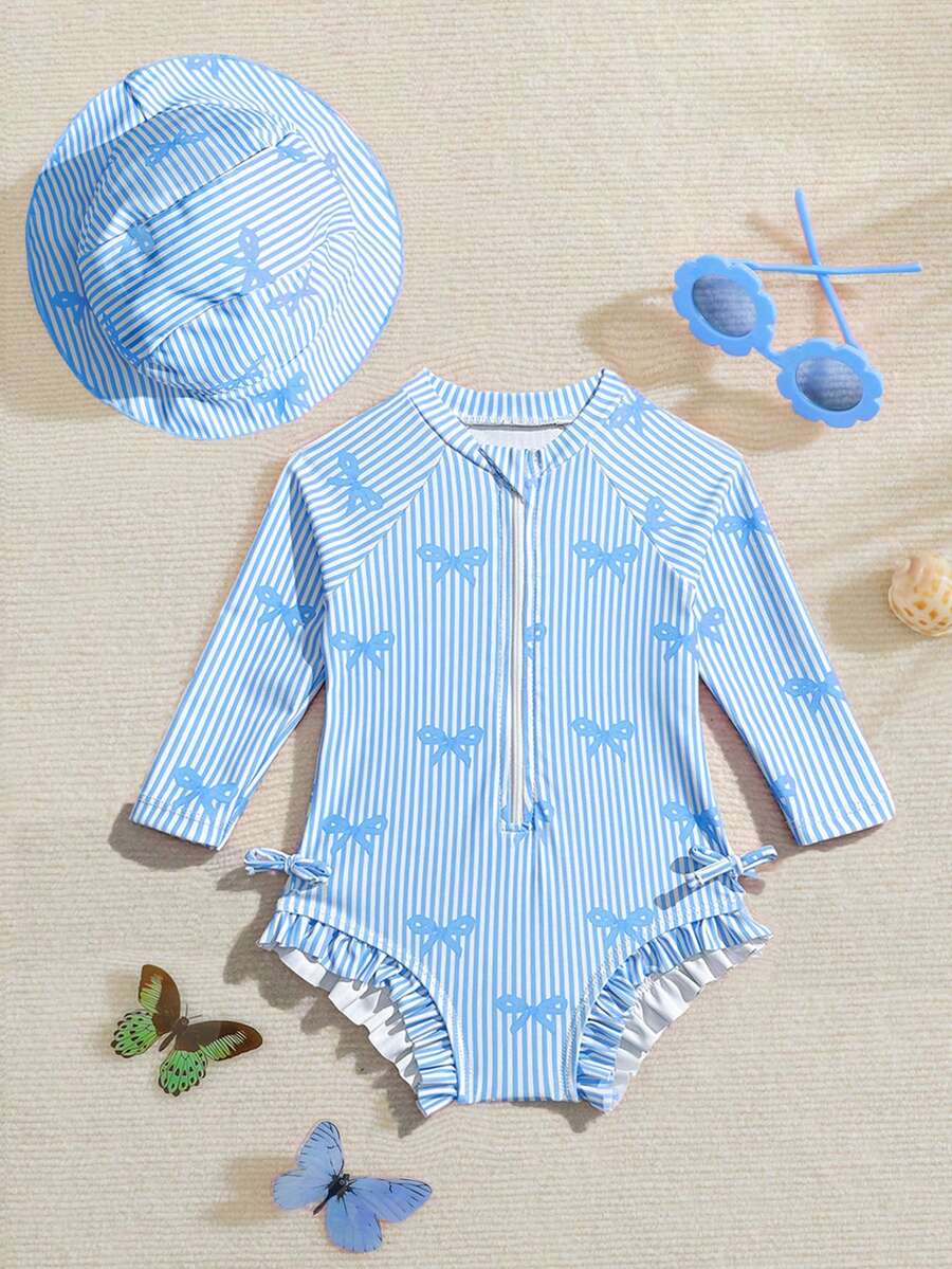 Baby Bow Print Long Sleeve One-Piece Swimsuit Set with Matching Swim Cap