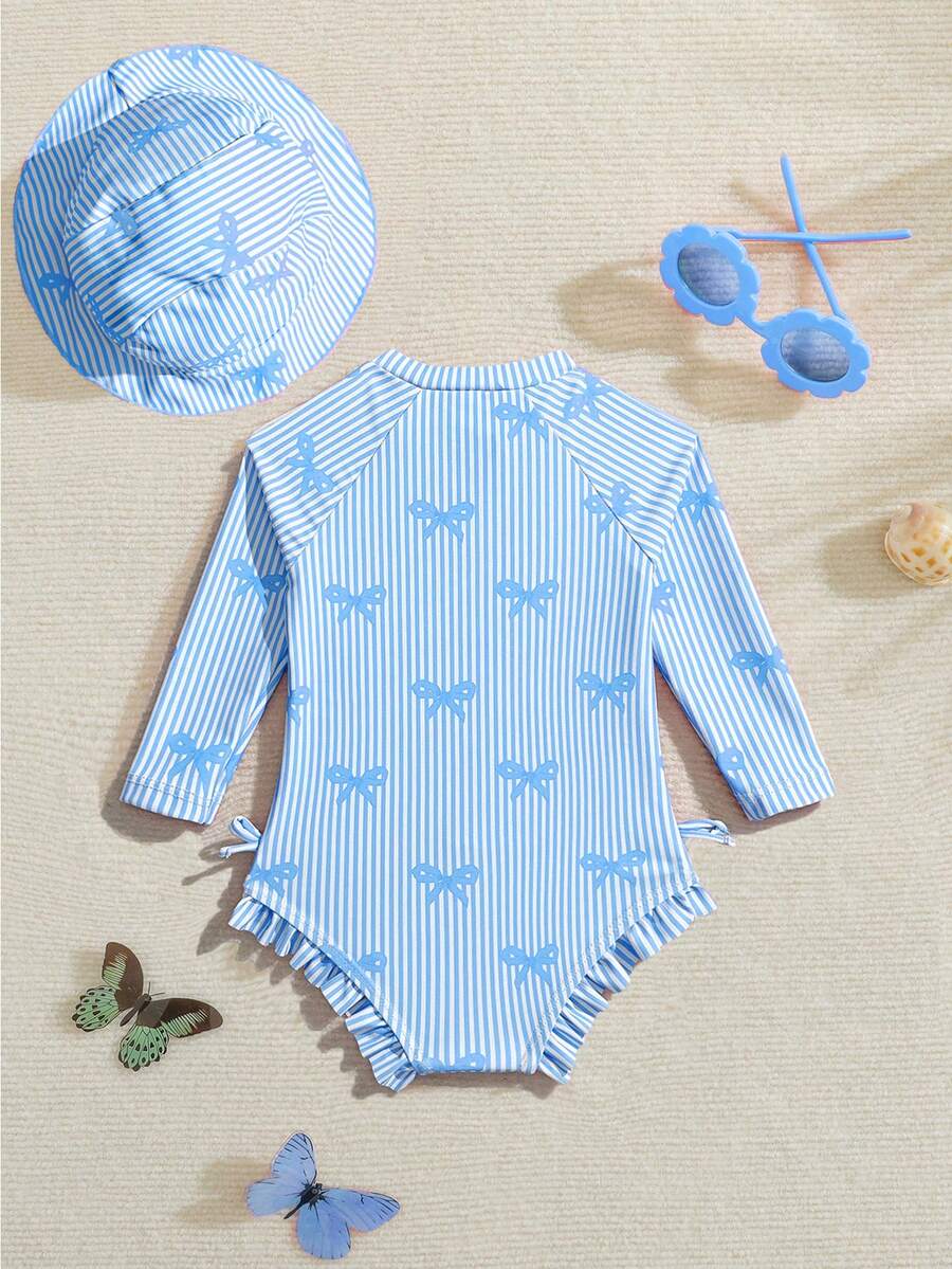 Baby Bow Print Long Sleeve One-Piece Swimsuit Set with Matching Swim Cap