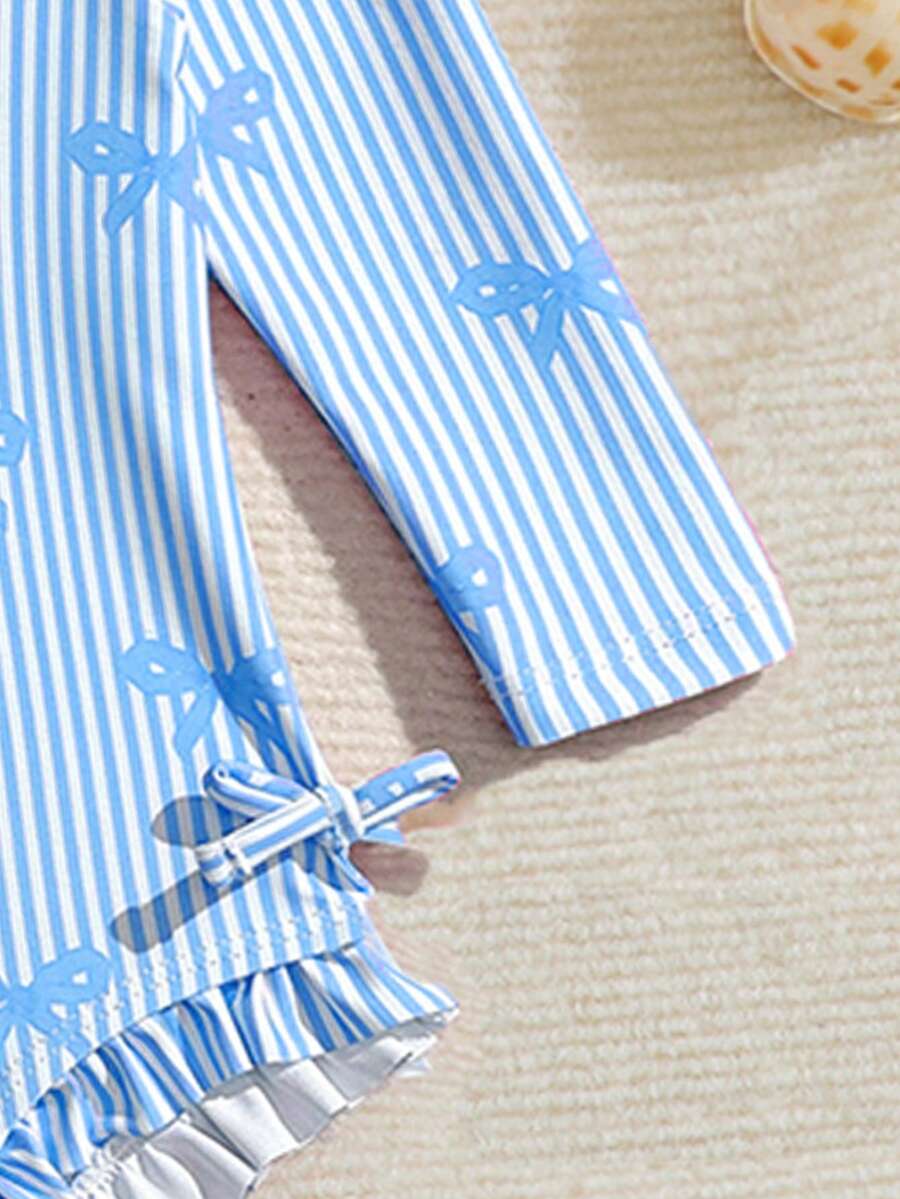 Baby Bow Print Long Sleeve One-Piece Swimsuit Set with Matching Swim Cap