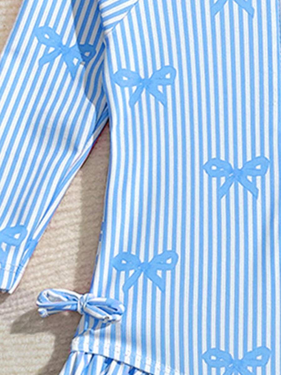 Baby Bow Print Long Sleeve One-Piece Swimsuit Set with Matching Swim Cap