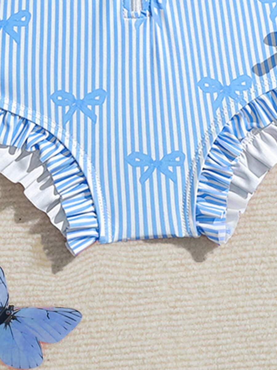 Baby Bow Print Long Sleeve One-Piece Swimsuit Set with Matching Swim Cap