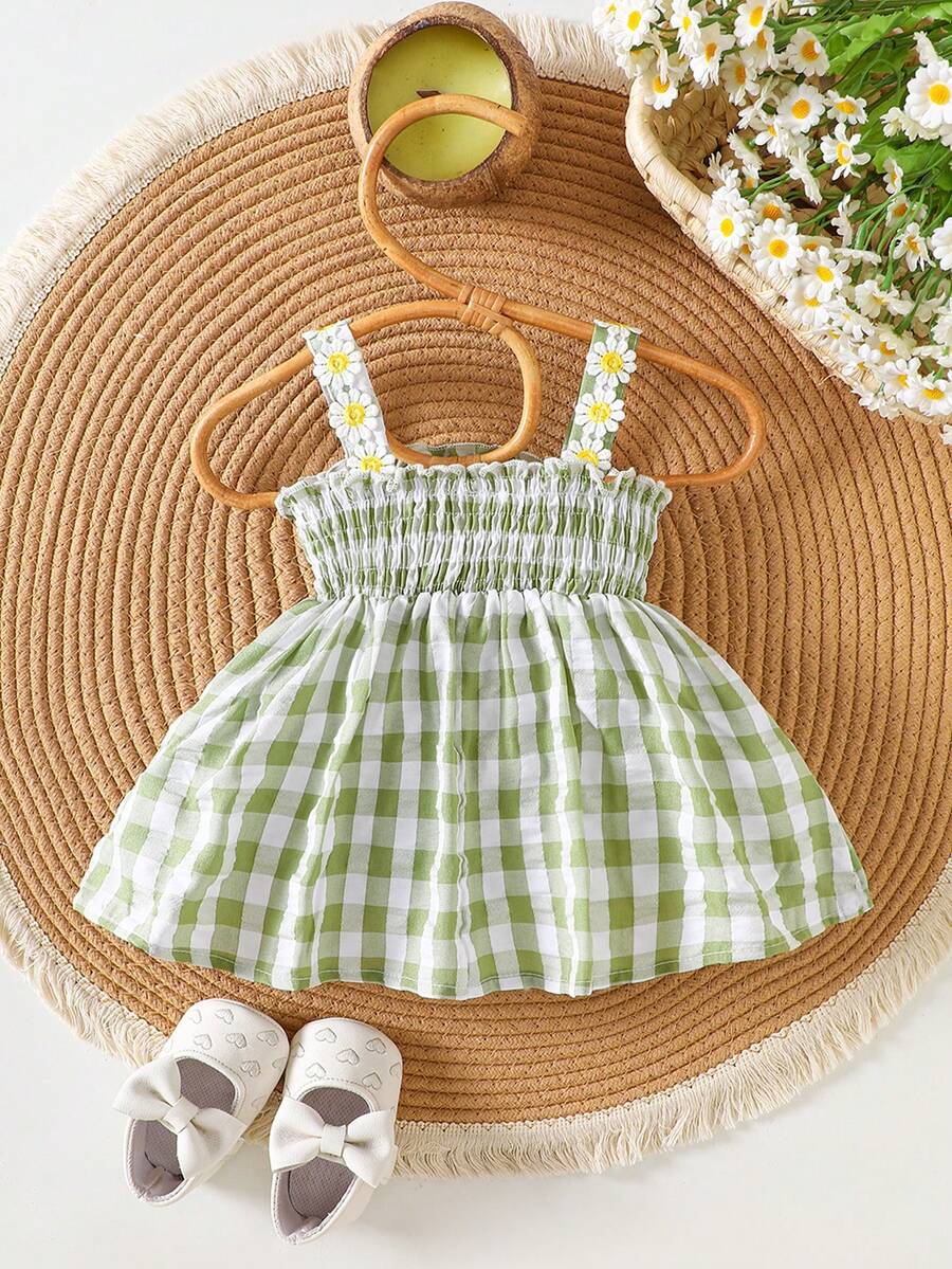 Baby Blue Plaid Floral Embroidered Cami Dress for Cute Spring and Summer Outings