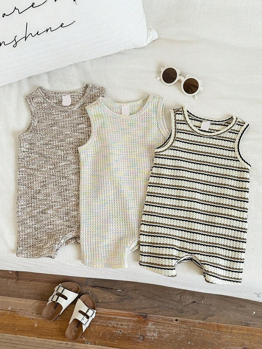 Unisex Baby Solid Color Soft Knit Sleeveless Romper 3 Piece Outfit Set