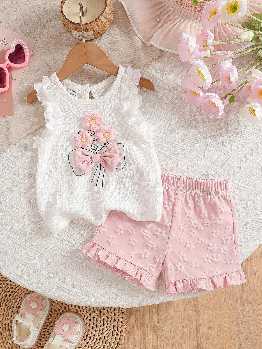 Cute Two Piece Summer Clothing Set For Little Girls Jacquard Style