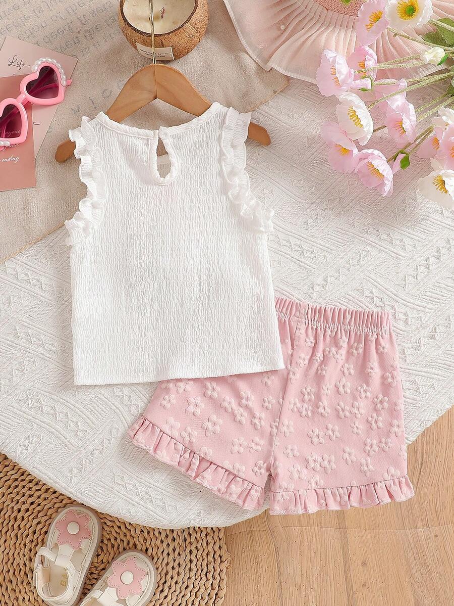 Cute Two Piece Summer Clothing Set For Little Girls Jacquard Style