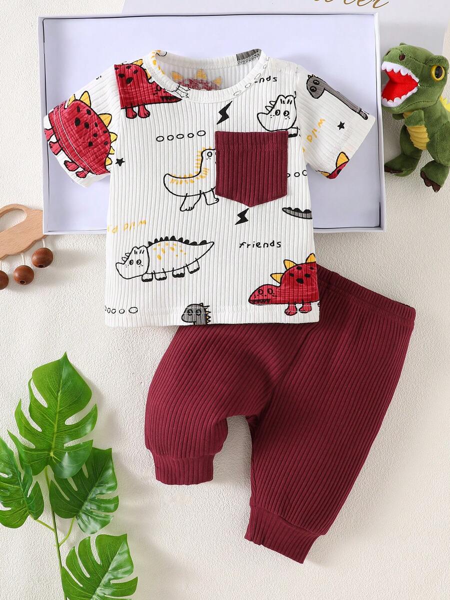 2PCS Baby Boy Dinosaur Print Top and Green Pants Set for Cute Casual Daily Wear
