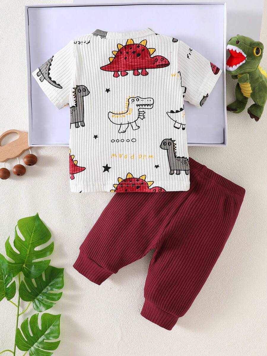 2PCS Baby Boy Dinosaur Print Top and Green Pants Set for Cute Casual Daily Wear