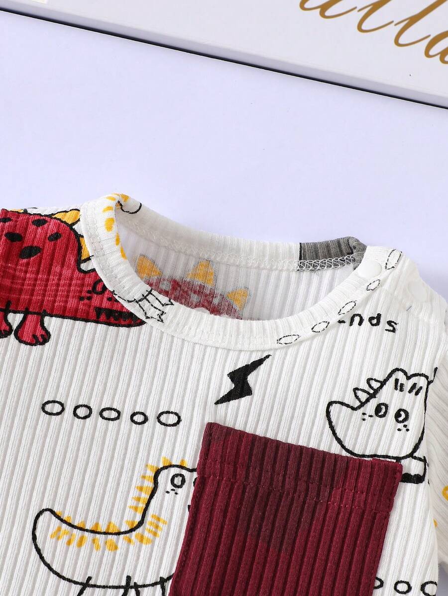 2PCS Baby Boy Dinosaur Print Top and Green Pants Set for Cute Casual Daily Wear