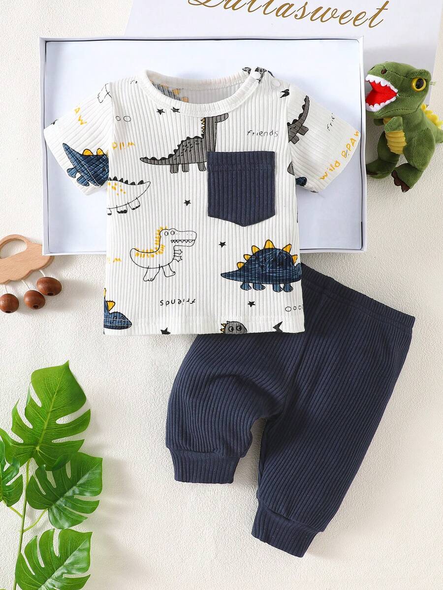 2PCS Baby Boy Dinosaur Print Top and Green Pants Set for Cute Casual Daily Wear