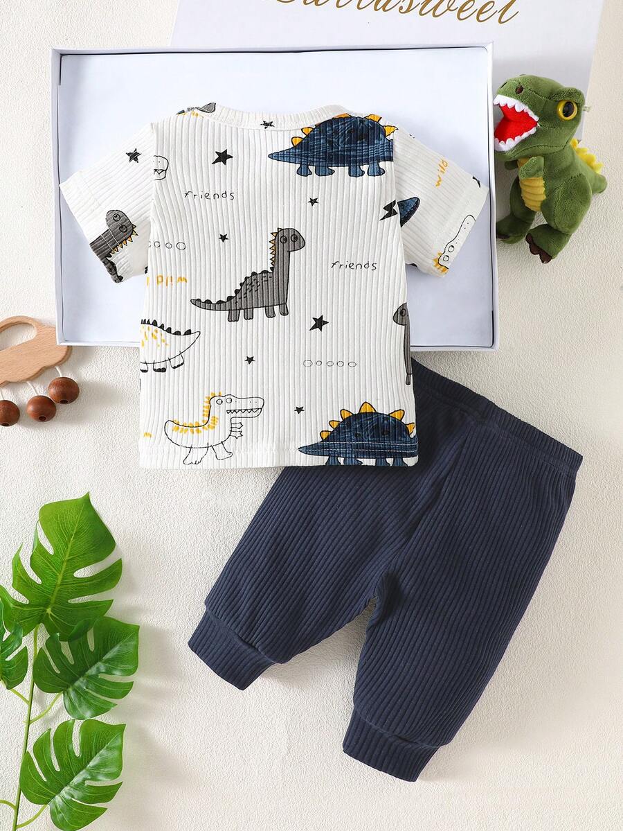 2PCS Baby Boy Dinosaur Print Top and Green Pants Set for Cute Casual Daily Wear