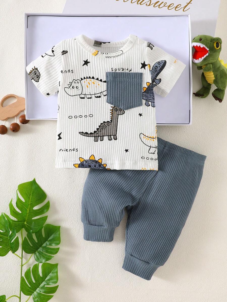 2PCS Baby Boy Dinosaur Print Top and Green Pants Set for Cute Casual Daily Wear