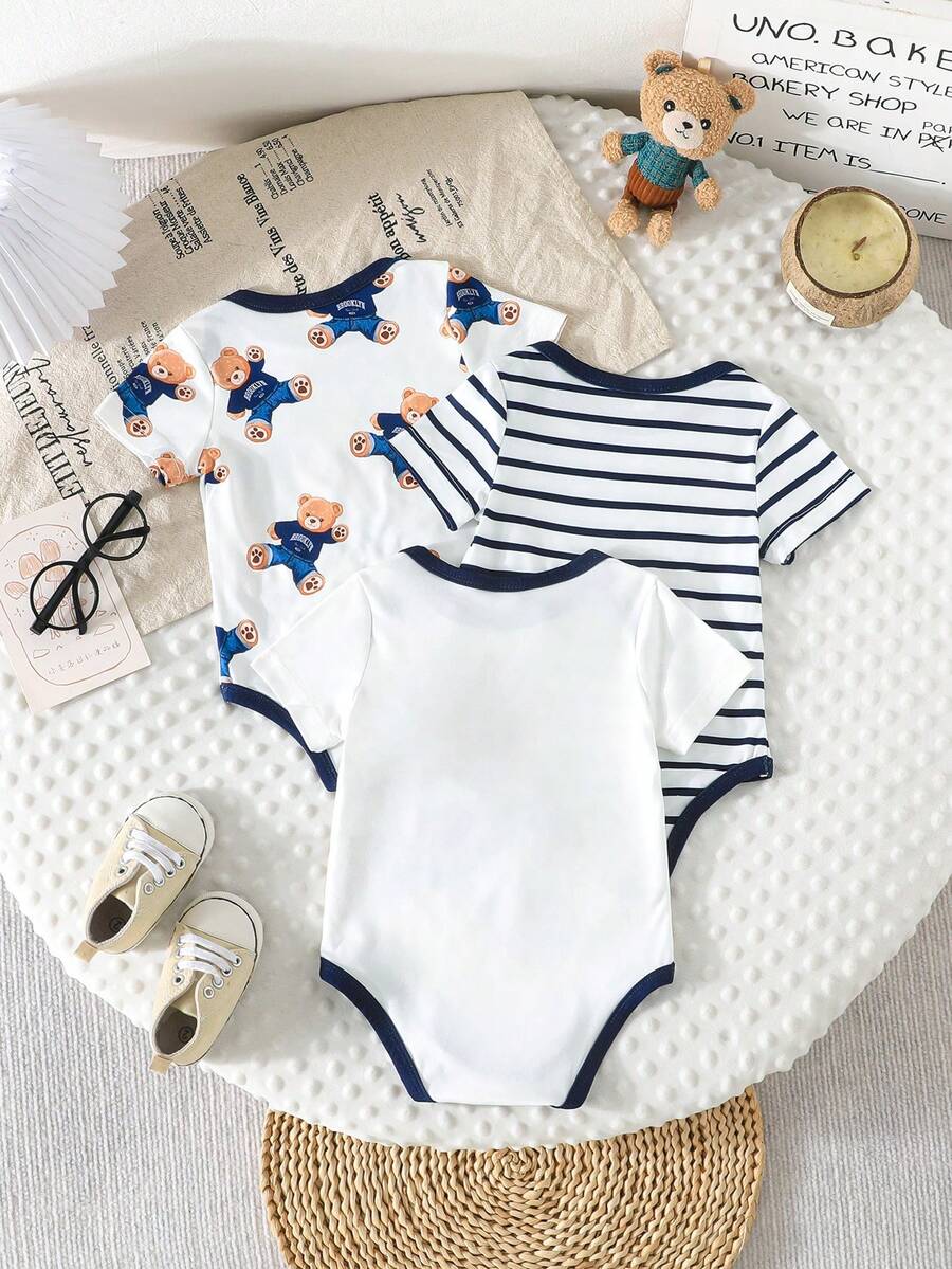 Unisex Newborn Baby Dinosaur Print Short Sleeve Romper 3 Piece Casual Summer Outfit Set