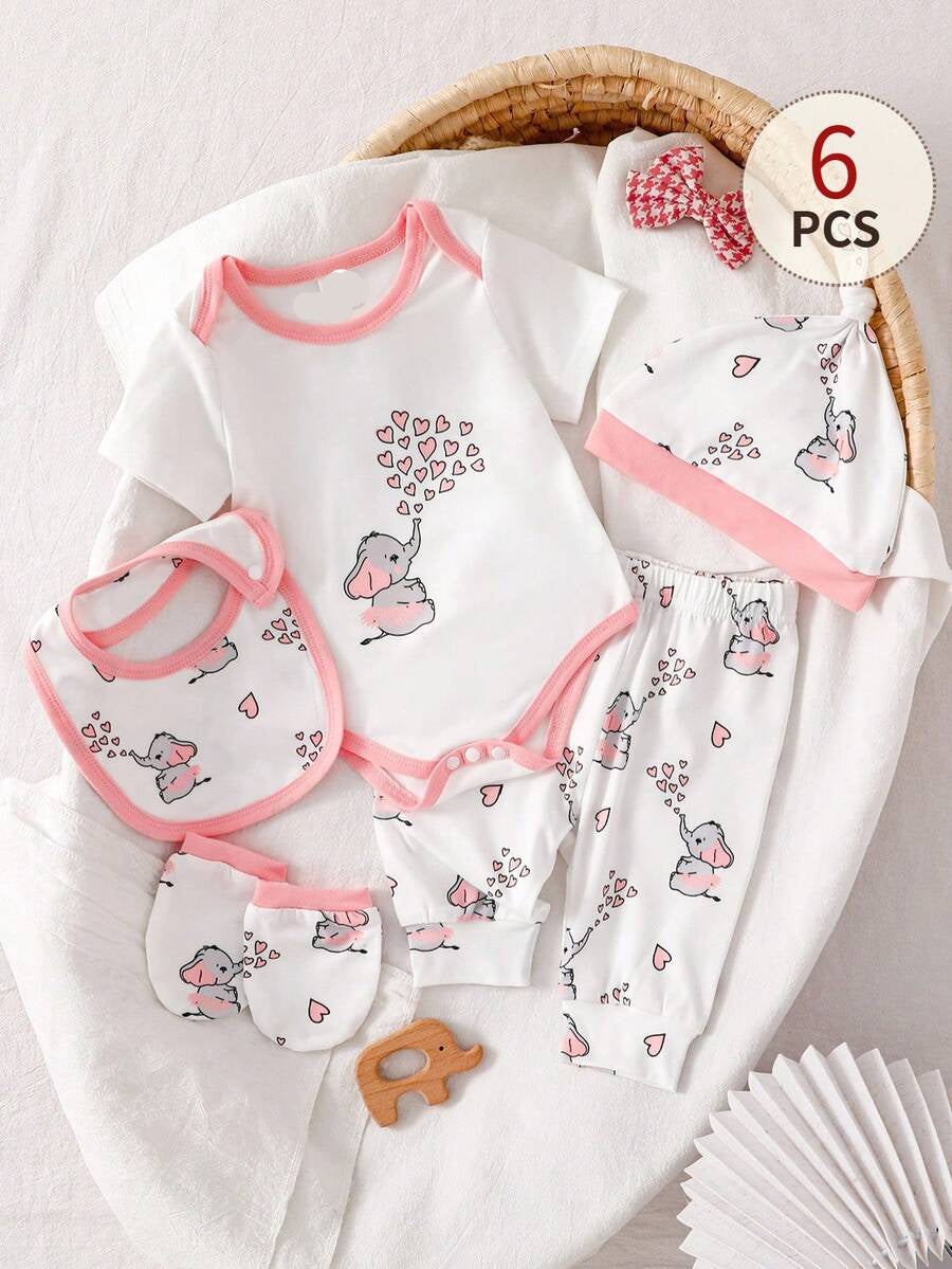 Elephant Print Bodysuit Pants Hat Gloves and Bib Set for Cute Daily Wear