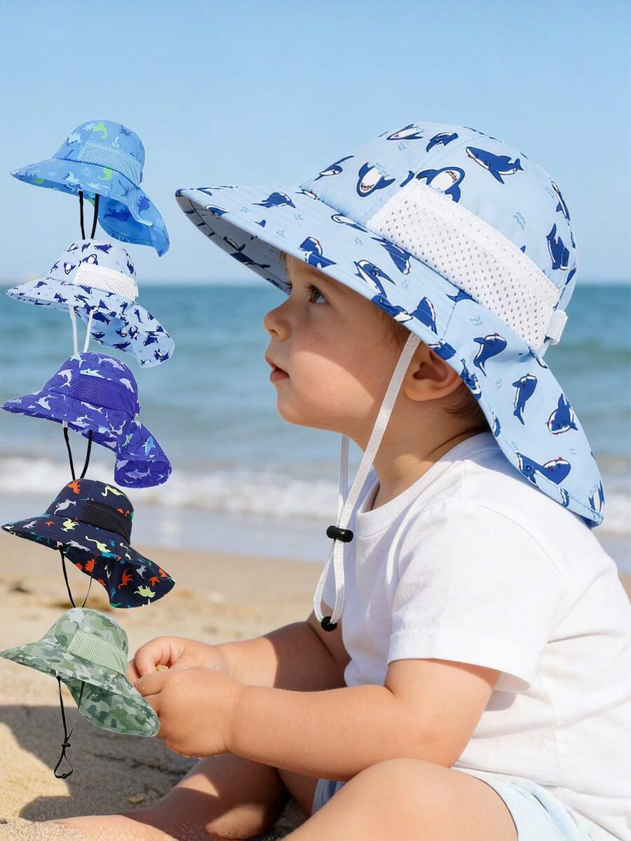 Baby Wide Brim Sun Hat with Mesh Ventilation Adjustable Chin Strap Bucket Hat for 6-24 Months