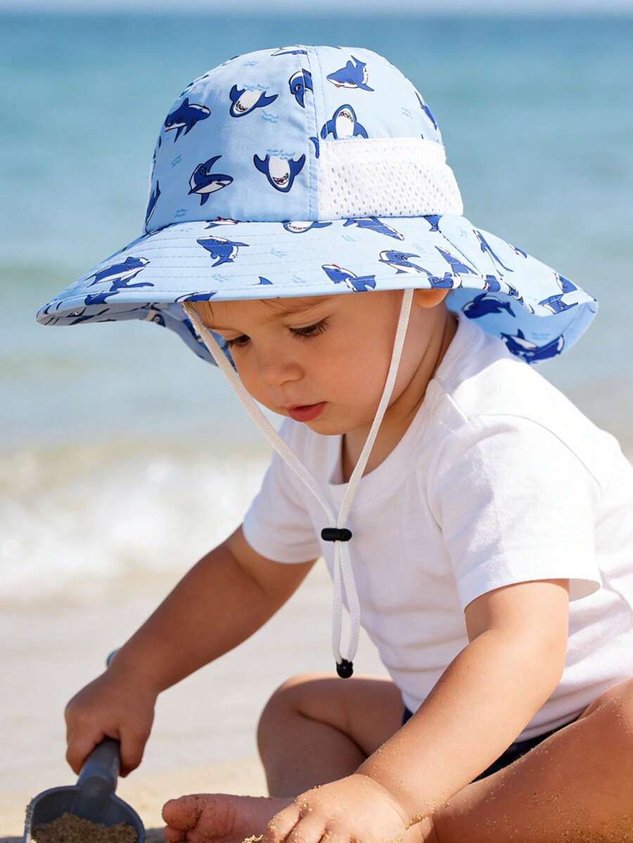 Baby Wide Brim Sun Hat with Mesh Ventilation Adjustable Chin Strap Bucket Hat for 6-24 Months