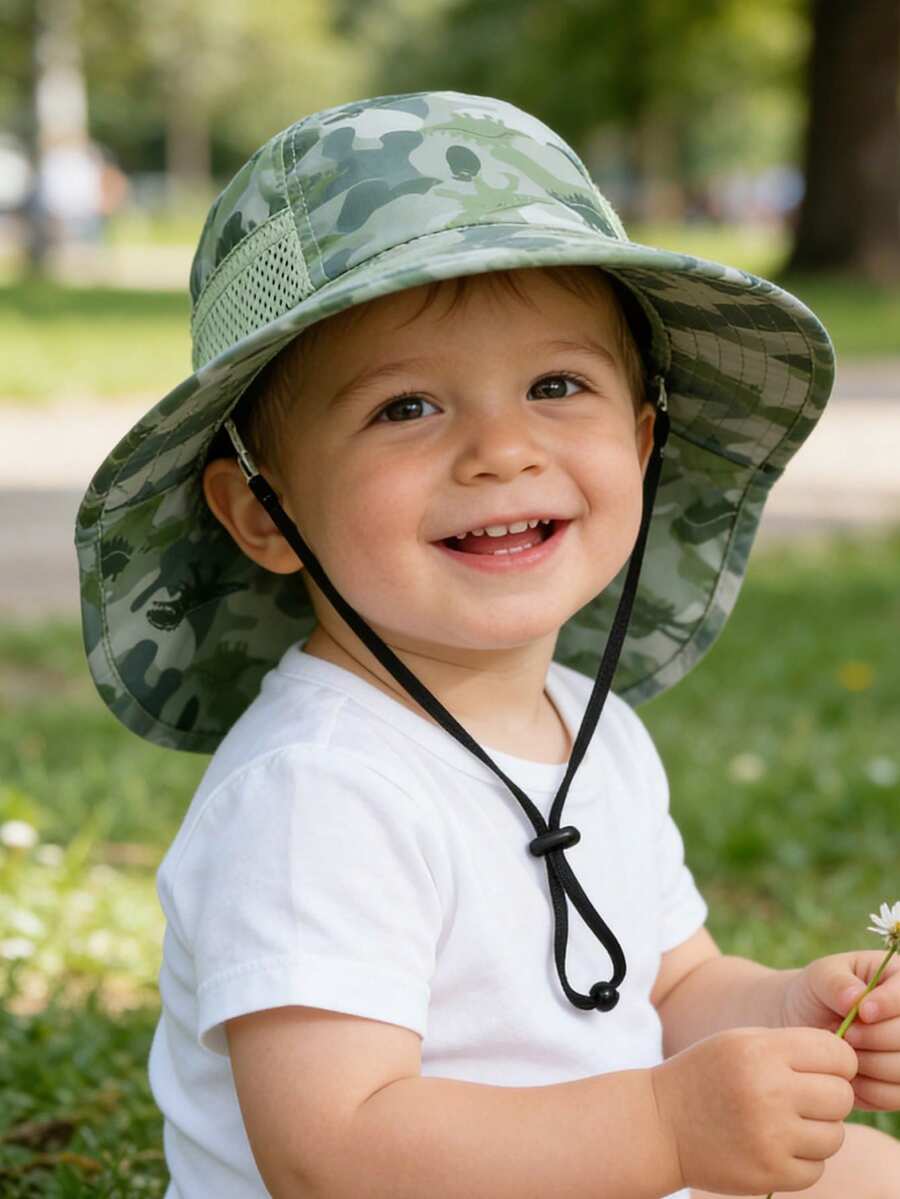 Baby Wide Brim Sun Hat with Mesh Ventilation Adjustable Chin Strap Bucket Hat for 6-24 Months