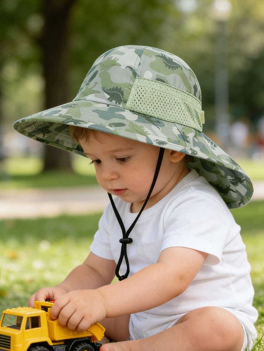 Baby Wide Brim Sun Hat with Mesh Ventilation Adjustable Chin Strap Bucket Hat for 6-24 Months
