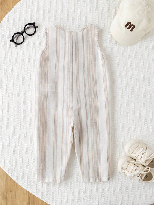 Unisex Newborn Baby Apricot Striped Sleeveless Romper Casual Spring Summer Vacation Outfit