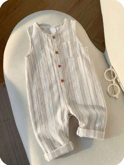 Unisex Newborn Baby Apricot Striped Sleeveless Romper Casual Spring Summer Vacation Outfit