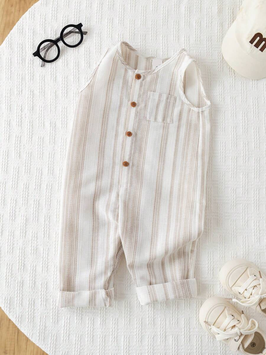 Unisex Newborn Baby Apricot Striped Sleeveless Romper Casual Spring Summer Vacation Outfit