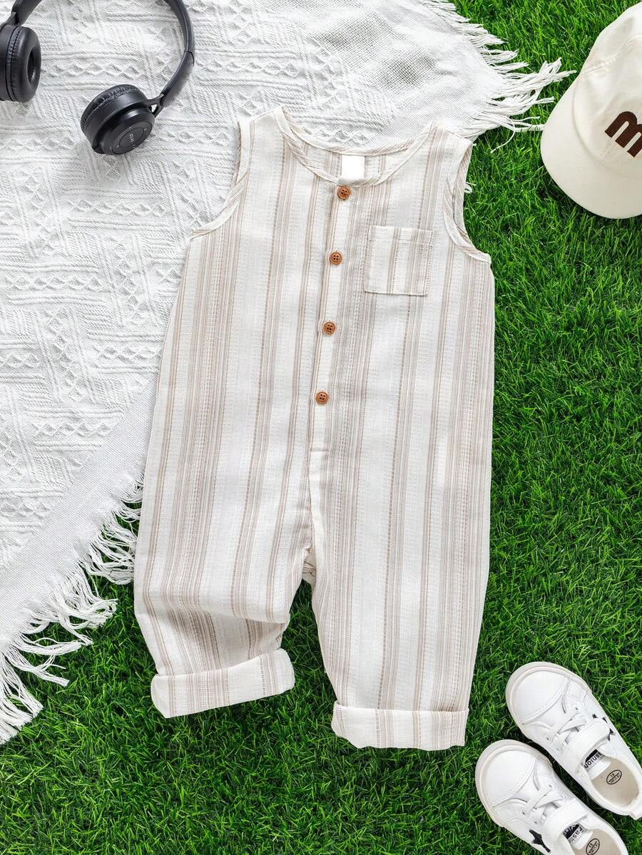 Unisex Newborn Baby Apricot Striped Sleeveless Romper Casual Spring Summer Vacation Outfit