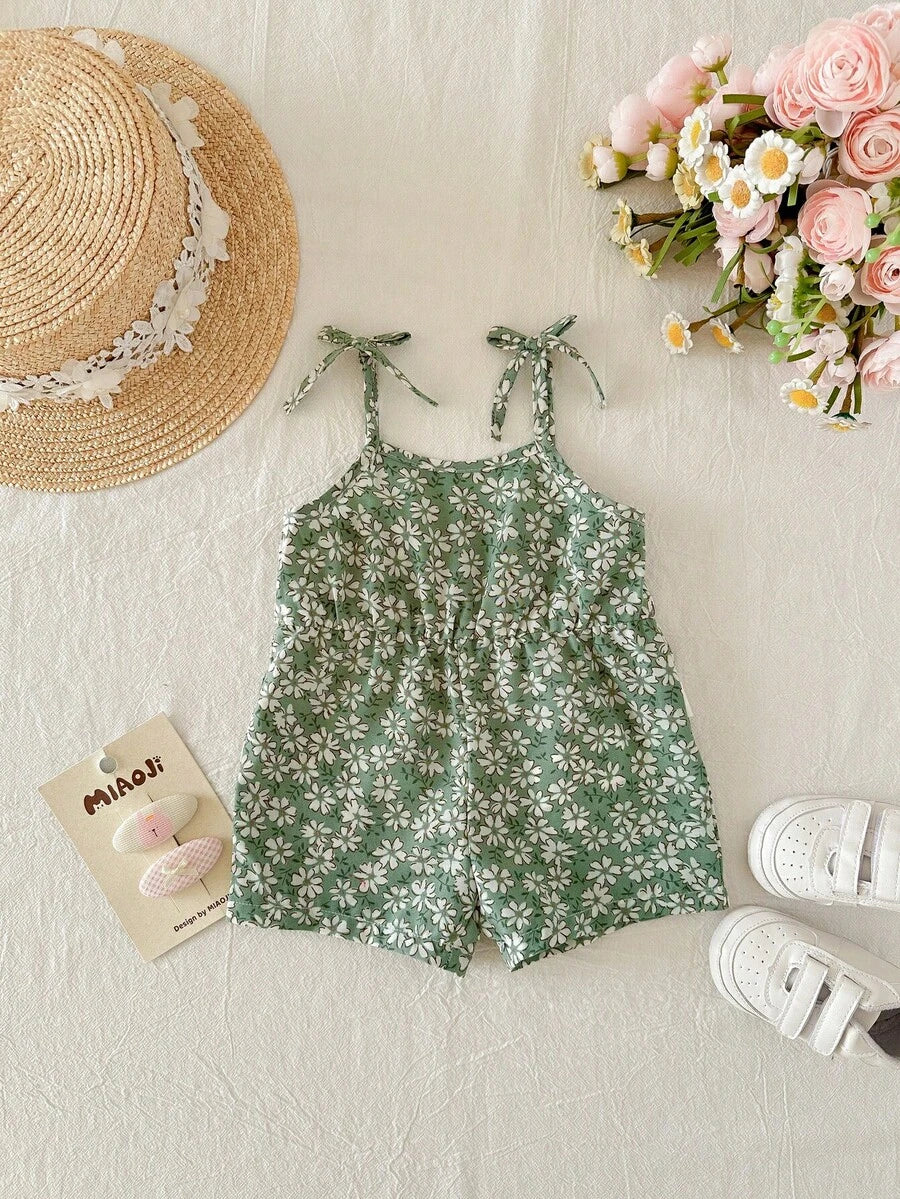 Cute Ditsy Floral Baby Girl Romper Sage Green Summer Outfit