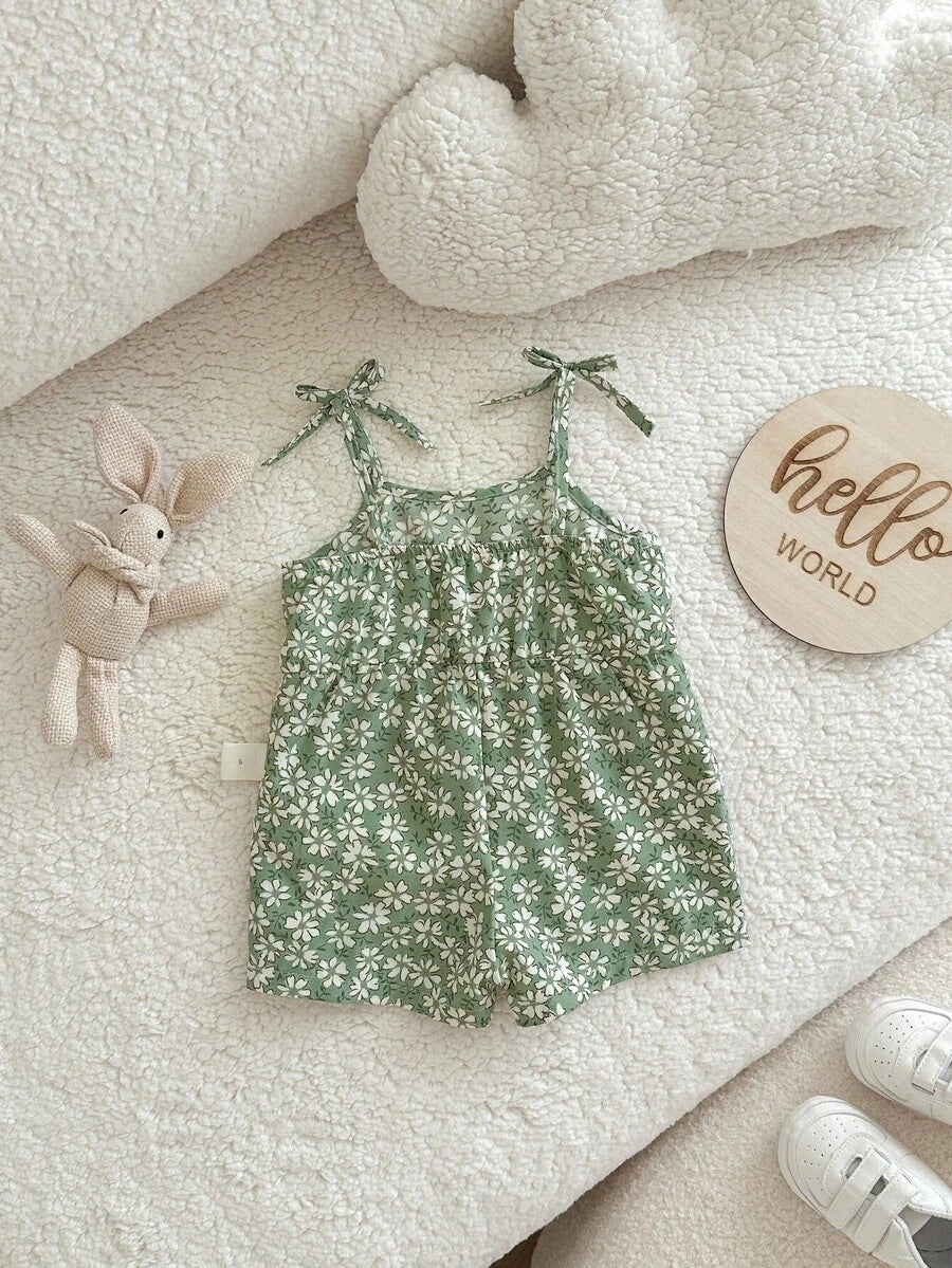 Cute Ditsy Floral Baby Girl Romper Sage Green Summer Outfit