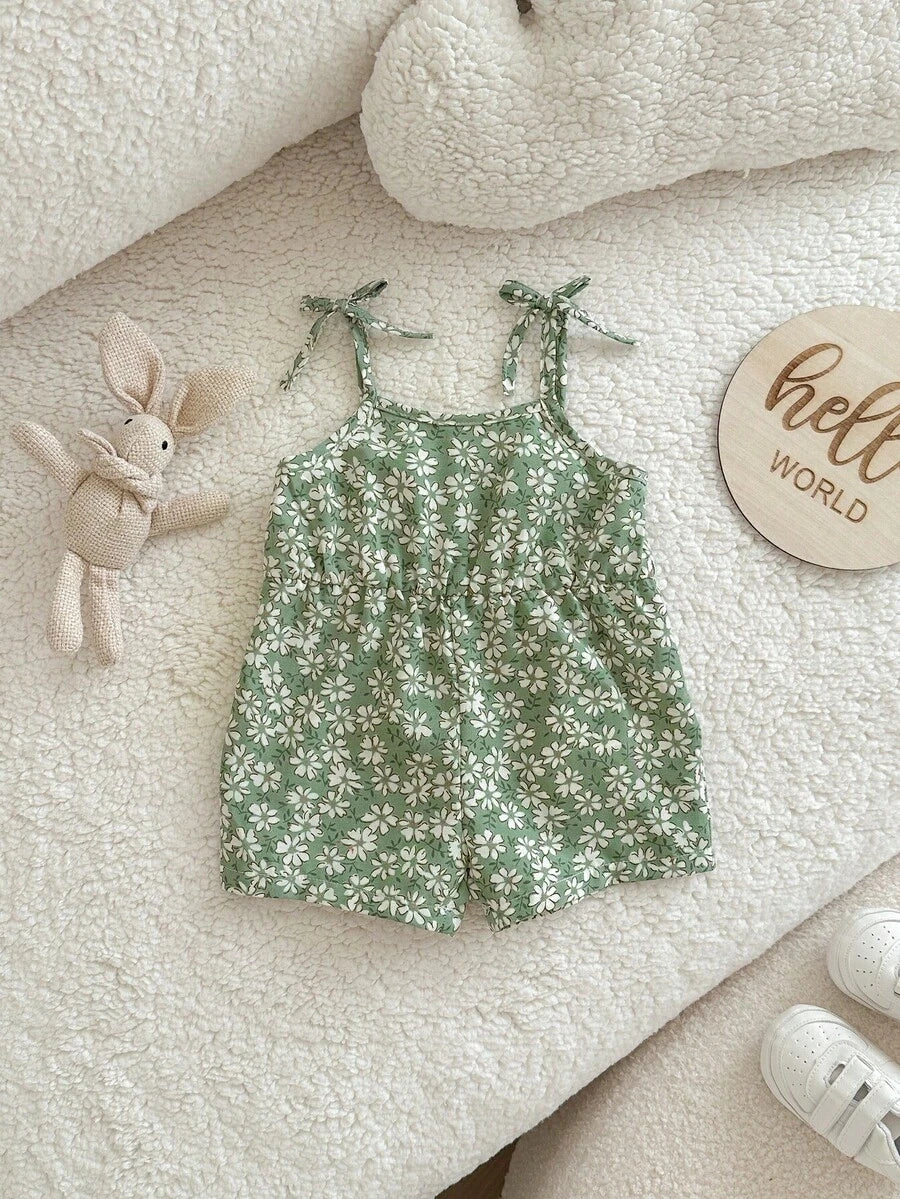 Cute Ditsy Floral Baby Girl Romper Sage Green Summer Outfit