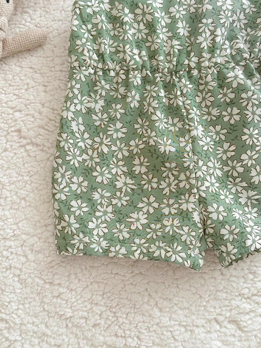 Cute Ditsy Floral Baby Girl Romper Sage Green Summer Outfit