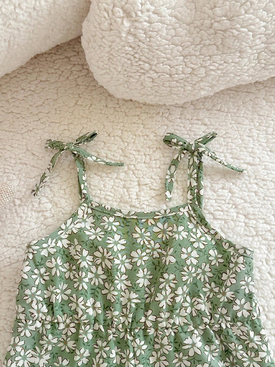 Cute Ditsy Floral Baby Girl Romper Sage Green Summer Outfit