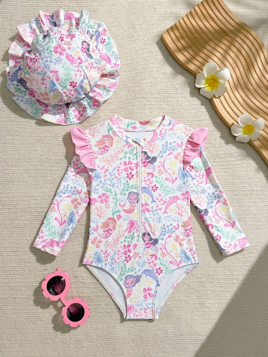 Baby Girls Floral Ruffle Long Sleeve Swimsuit With Hat Tropical Beachwear Set